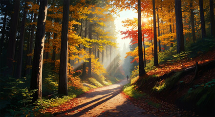 Fototapeta premium Hiking trail in the autumn fall, mature trees, vibrant colors, dense forest, wooded nature landscape