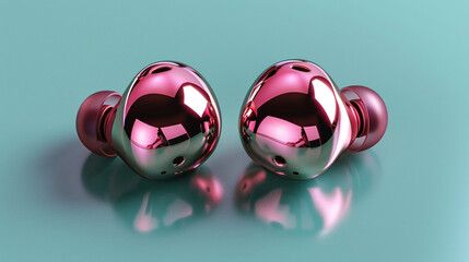 Rose gold wireless earbuds against a mint green background