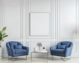 Two blue armchairs and a coffee table with a vase of flowers in a white minimalist living room with a large blank canvas