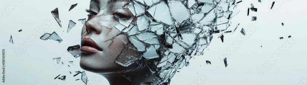Poster a fragmented human face symbolizes the complexity of identity and perception.