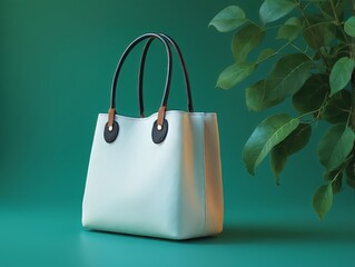 Elegant white bag with black handles on a green background. Green leaves in the background. Online shopping. Black Friday, Single Day, Cyber Monday. Advertising banner, poster, flyer with copy space