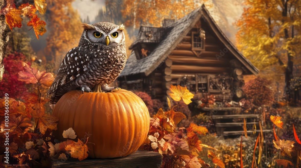Poster generate an enchanting autumn setting with a wise old owl perched on a pumpkin, surrounded by colorf