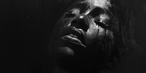 Bold abstract painting of a human face depicting sorrow, shadowy textures and brushstroke patterns in dark tones.
