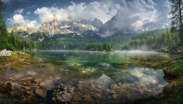 Impressively beautiful fairy-tale mountain lake in the Julian Alps. Breathtaking panoramic view Fusine Lake with Mangart Mount in the background.