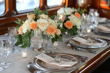 Art deco train restaurant car with elegant place settings.