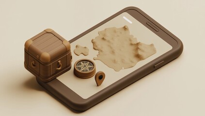 A stylized phone displays a treasure map, compass, and chest, suggesting adventure and exploration.