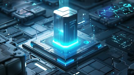 A sleek metallic device emitting a soft blue glow, surrounded by holographic displays.