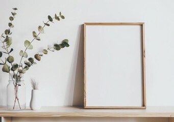 A rustic wooden frame mockup with eucalyptus branches in a white vase on a wooden shelf against a white wall