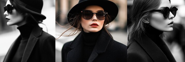 A series of sophisticated black and white portraits featuring a fashionably dressed woman in various poses outdoors.