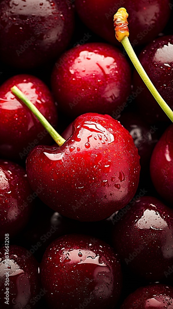 Aufkleber fresh juicy red cherries with water droplets on stem in close up view : generative ai