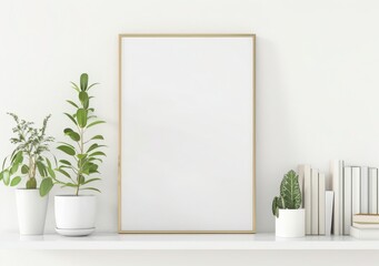 A blank poster frame mockup on a white shelf with potted plants, books, and a lantern