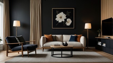  This list prioritizes highly relevant terms.... Modern living room interior with beige sofa, dark walls, and floral artwork.