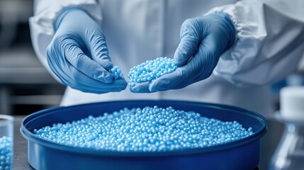 Laboratory Technician Handling Small Blue Pharmaceutical Pellets