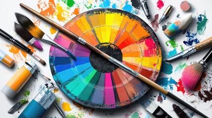 A traditional artists palette merged with a digital color wheel, surrounded by traditional brushes and modern graphic design tools, symbolizing creativitys evolution.