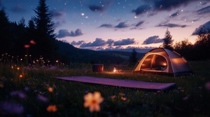 A peaceful campsite under a starry sky, with a yoga mat rolled out