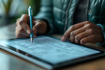 A close-up of hands filling out an enrollment form on a tablet, showcasing a digital interface with input fields for a seamless online registration process.
