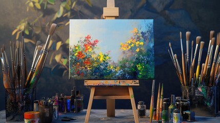 A traditional easel with a canvas displaying a digital painting, surrounded by brushes and digital art tools, illustrating the evolution of artistic expression.