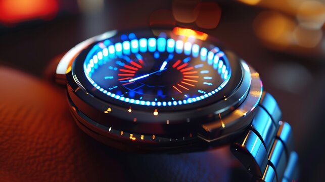 A sleek metallic watch with a holographic display, showing advanced digital interfaces.