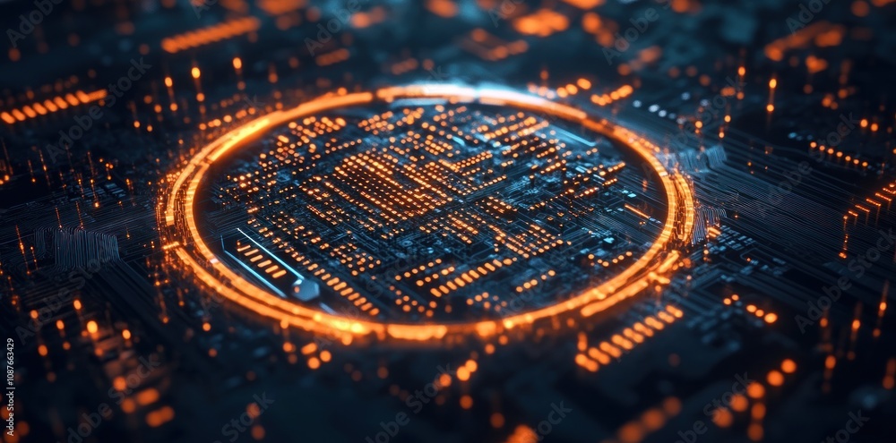 Leinwandbilder a close-up view of a circuit board with glowing elements, representing technology and innovation.