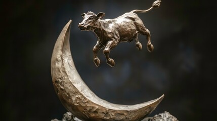Fototapeta premium A bronze sculpture of a calf leaping over a crescent moon against a dark background.