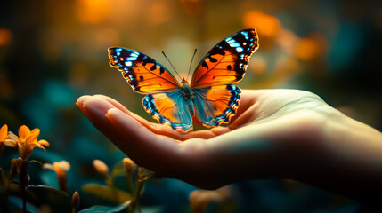 A colorful butterfly with orange and blue wings lands on a person's open palm
