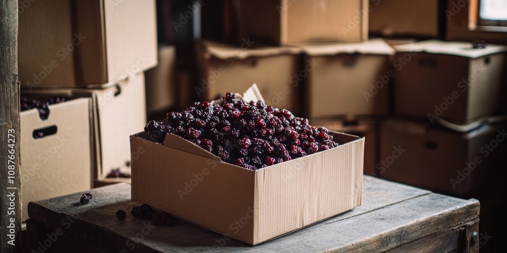 Poster a box filled with assorted berries, surrounded by cardboard boxes in a rustic setting.