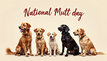 Banner celebrating National Mutt Day with a group of mixed breed dogs, promoting camaraderie and pet adoption.