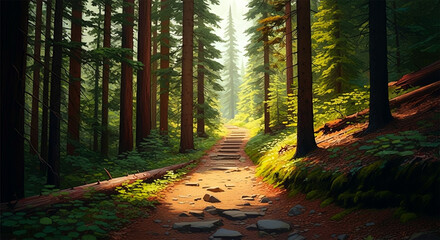 Obraz premium Hiking trail in the Spring, mature trees, vibrant colors, dense forest, wooded nature landscape 