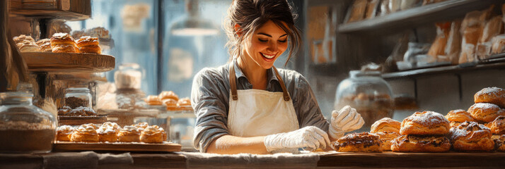 A cheerful young baker standing in a sleek kitchen carefully applying icing and fruit to pastries, embodying passion and precision amidst organized baking essentials, banner