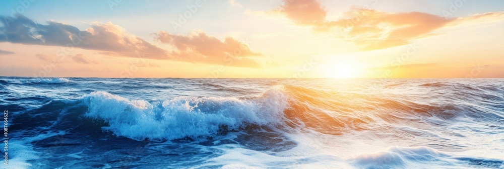 Poster the sun sets over the ocean, casting a warm glow on the water while waves crash gently, creating a p