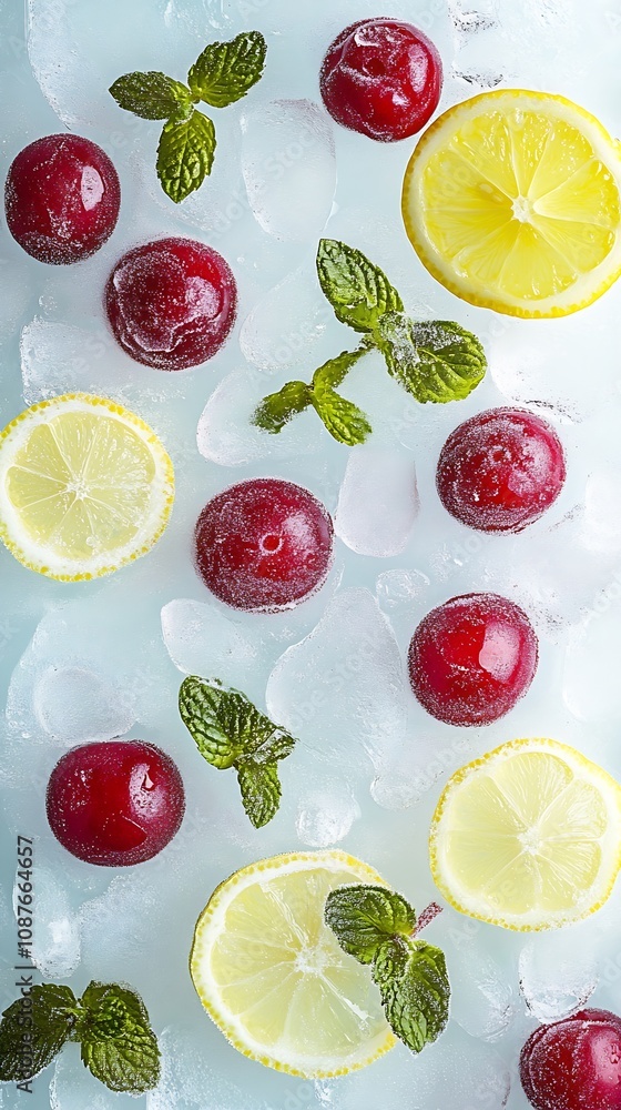 Poster Artistic Display of Lemons Cherries and Mint on Ice for Culinary and Beverage Creations : Generative AI