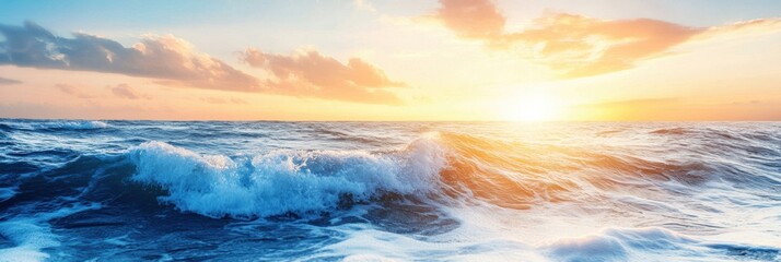 Fototapeta premium The sun sets over the ocean, casting a warm glow on the water while waves crash gently, creating a peaceful and serene atmosphere. Generative AI