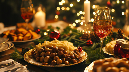 A traditional holiday dinner featuring roasted chestnuts, mashed sweet potatoes, and green beans.