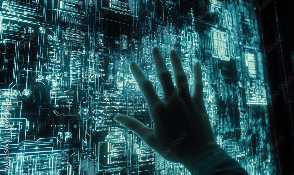 Poster a hand reaching out to a digital interface with glowing circuitry patterns.