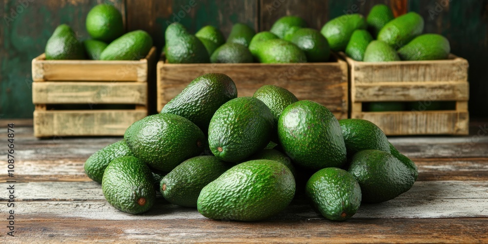 Poster a collection of fresh avocados displayed in wooden crates on a rustic surface.