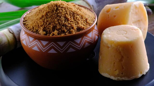 Jaggery powder with jaggery cubes. Jaggery is used as an ingredient in sweet and savoury dishes in the cuisines of India.
