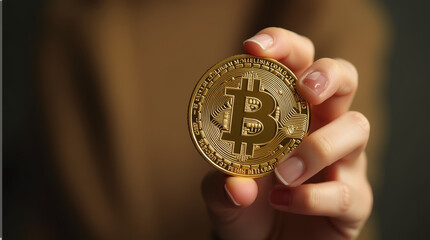 woman hands presenting a bitcoin