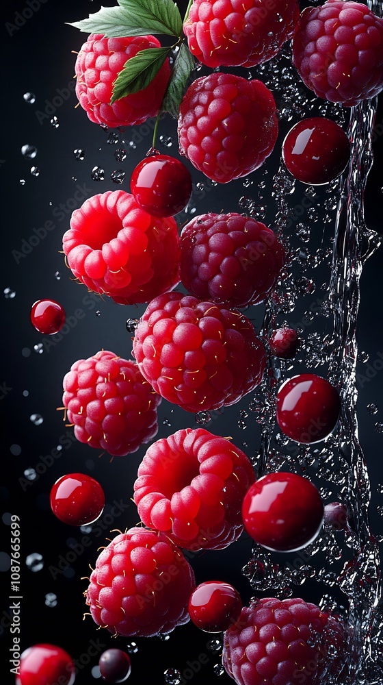 Poster Dynamic cascade of raspberries and cherries with water droplets and splash : Generative AI