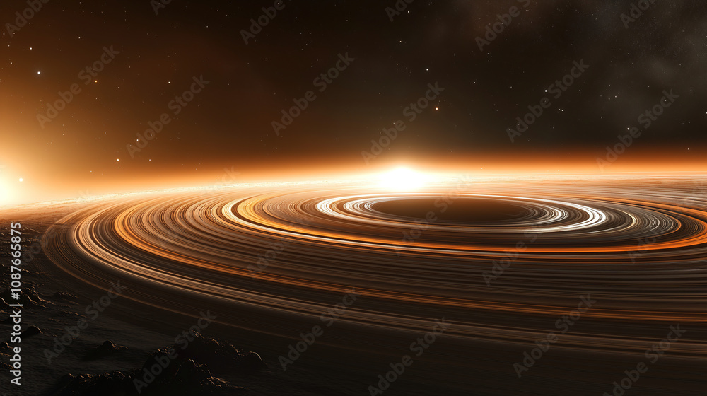 Poster Celestial view of vibrant rings surrounding a distant planet, illuminated by the glow of nearby stars in deep space. Generative AI