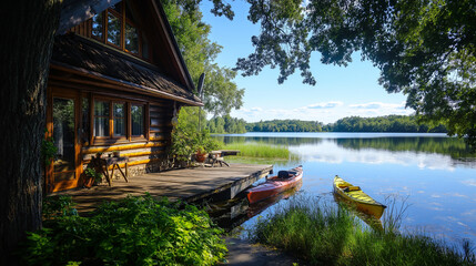 A rustic cabin by a lake, with a kayak tied to the dock and a clear blue sky.