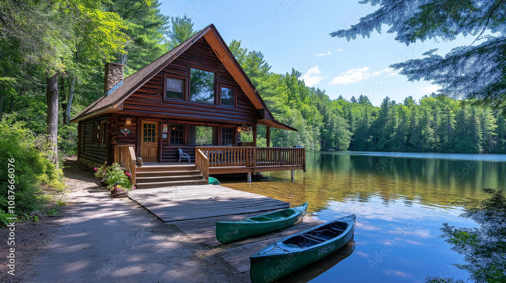 Poster A rustic cabin by a lake, with a kayak tied to the dock and a clear blue sky.