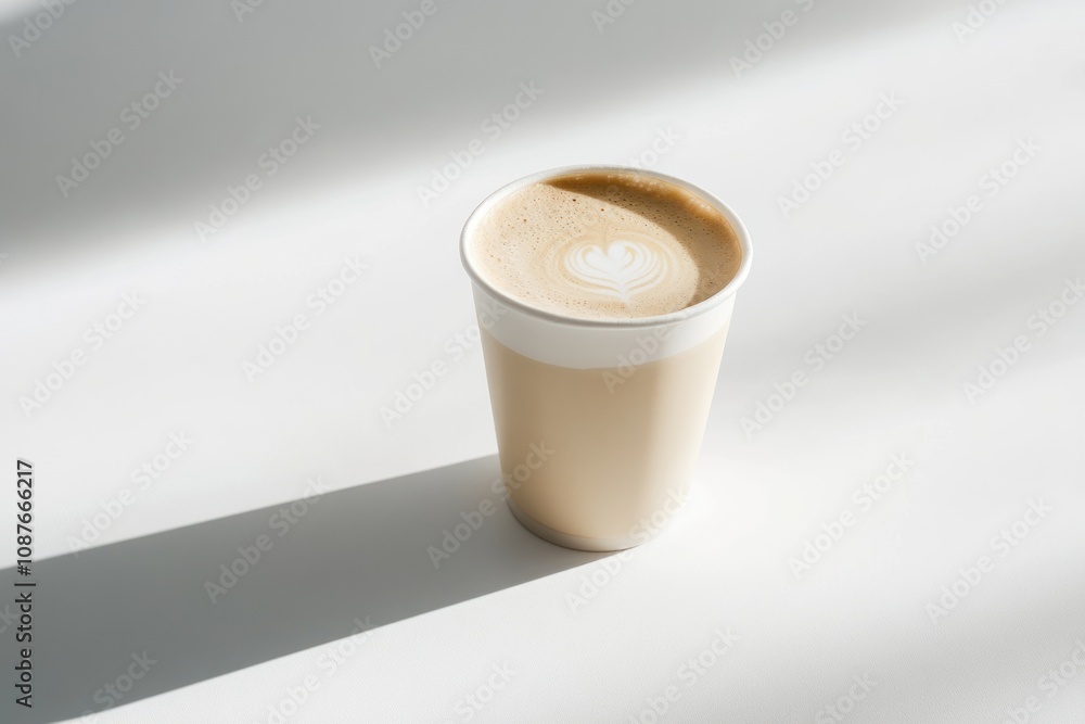 Poster a latte in a disposable cup with a heart-shaped foam design on a light surface.