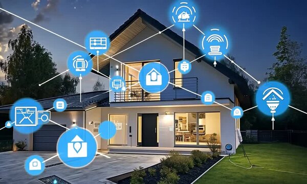 A modern smart home with illuminated pathways and technology icons representing automation.