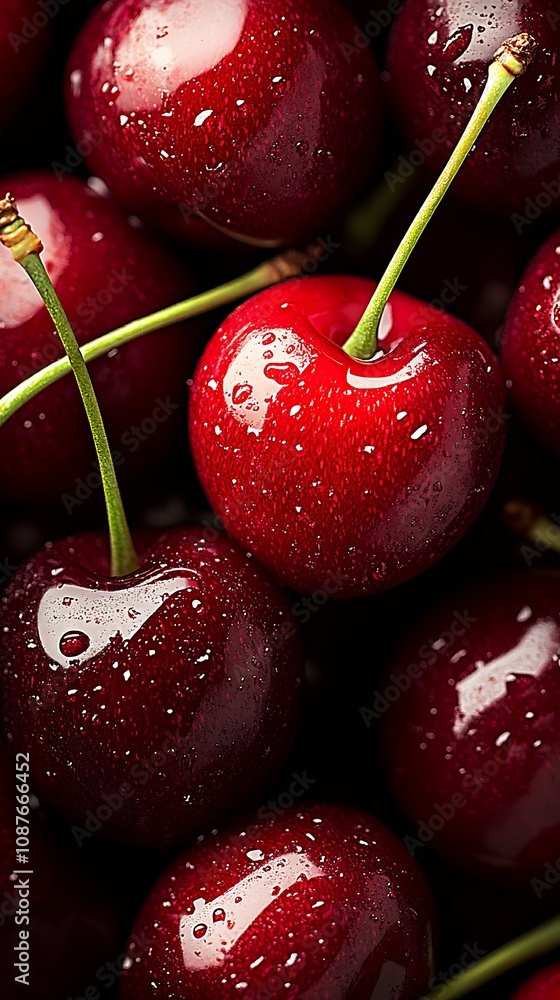Poster macro shot of freshly picked cherries with dewdrops on a vibrant red surface : generative ai