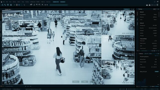 Mock-up CCTV Footage in Supermarket: People Shopping in a Grocery Store. Multiple Camera Shows Customers Browsing Shelves, Pushing Carts, and Moving Through the Store's Layout.