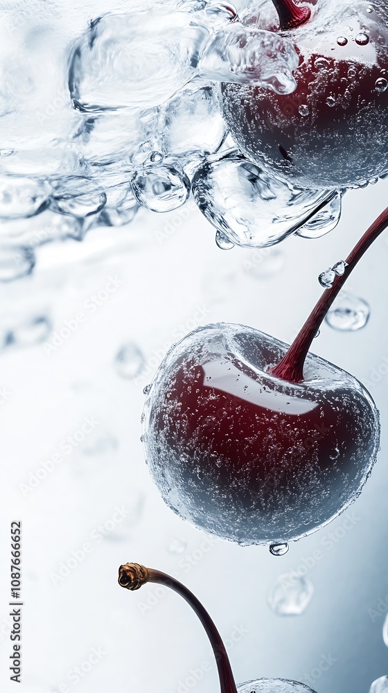 Poster crisp cherry suspended in water with ice crystals and bubbles : generative ai