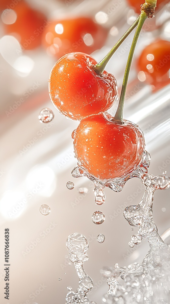 Poster Pair of Ripe Cherries in Splashing Water Highlighting Refreshing Fruit Dynamics : Generative AI