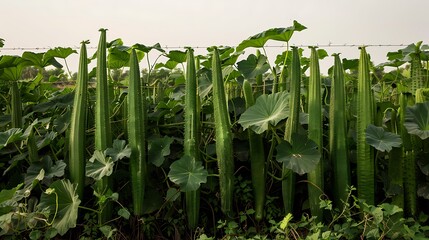 Obraz premium Luffa acutangula in the field has cylindrical green pods with a rough grooved surface the pods hang on vines with green leaves