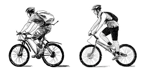 Obraz premium Cyclists in helemets with backpacks riding bicycles, side view, vector realistic sketch
