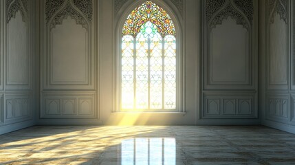 Obraz premium Ornate tall window with intricate stained glass details, casting colorful light into a classic room with space for text in the center